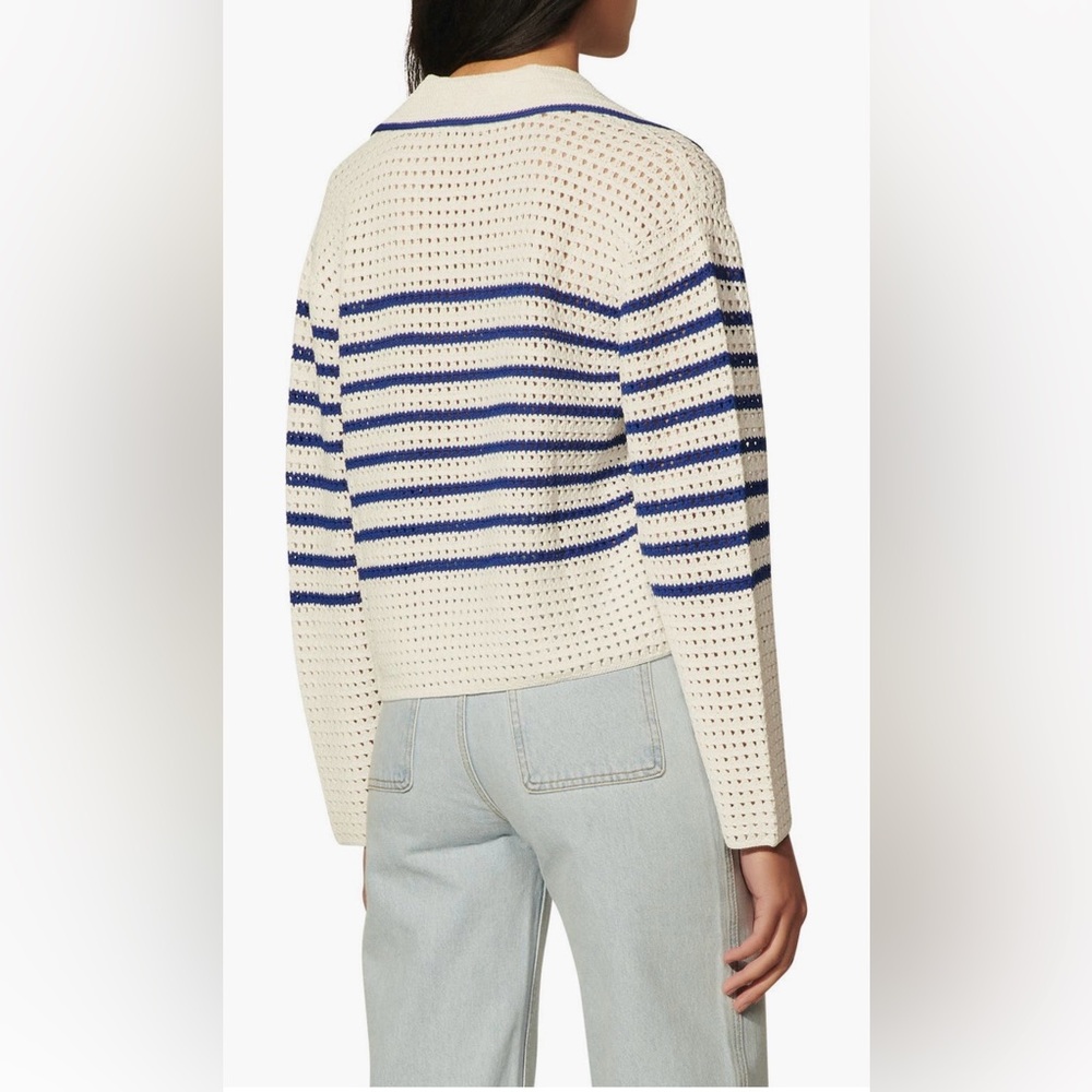 SANDRO Elise Stripe Crochet Cropped White Navy V-Neck Sweater Size Eu2/usM - Picture 3 of 12